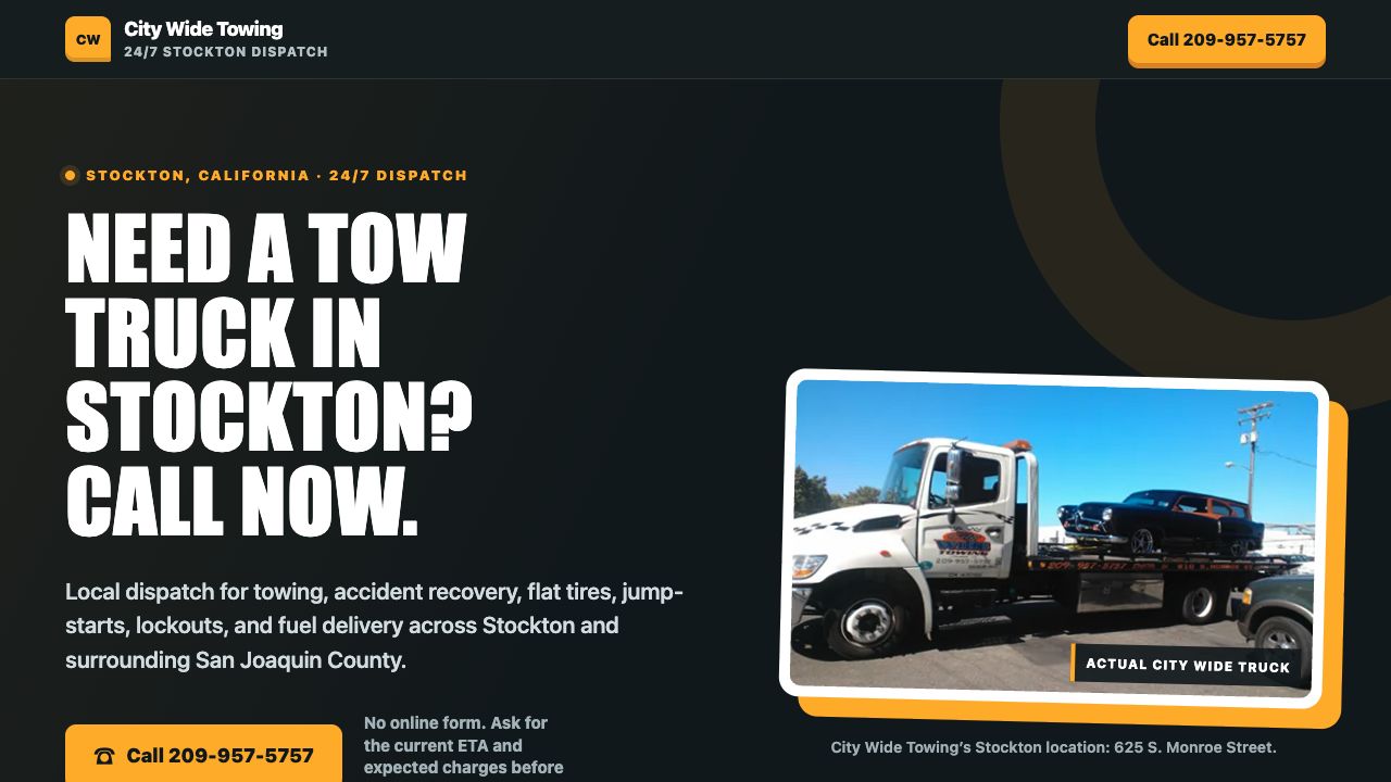 City Wide Towing redesign concept showing Stockton, towing capability, a real truck, and the call button on the first screen
