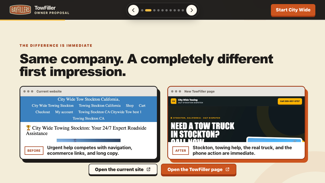 Side-by-side comparison of the cluttered City Wide website and the phone-first redesign concept