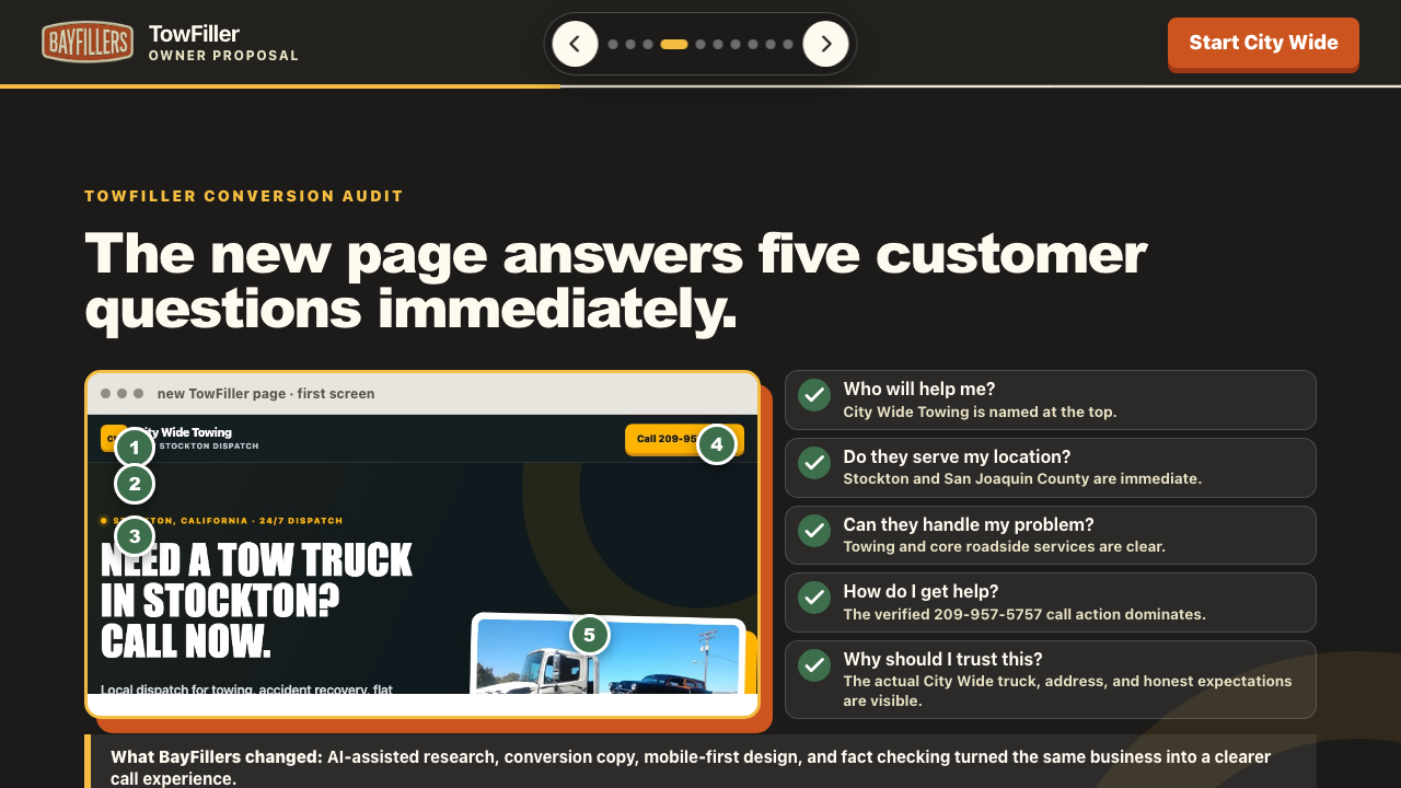 Annotated conversion audit showing how the redesigned City Wide first screen answers five urgent customer questions